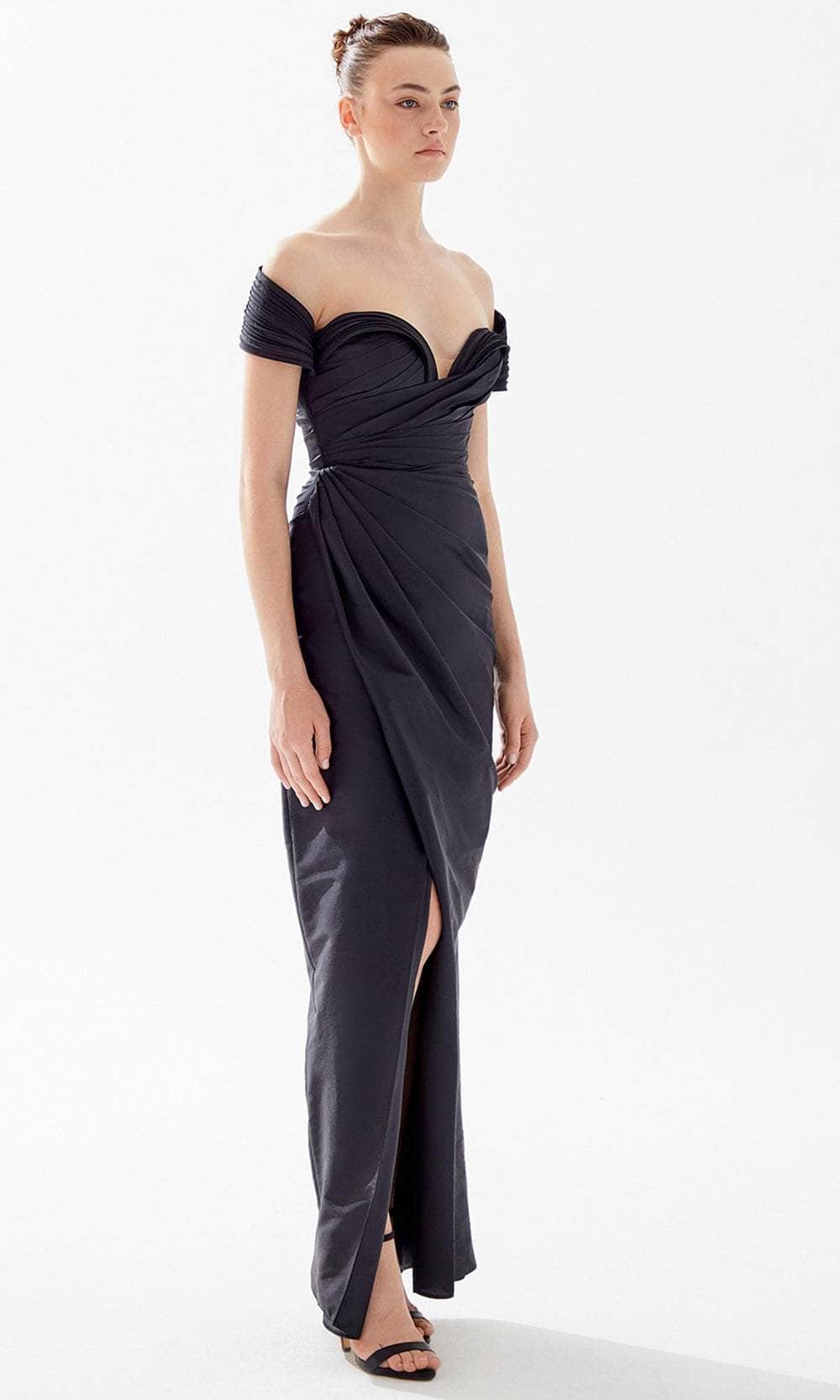 Tarik Ediz 98259 - Pleated Off-Shoulder Evening Dress Prom Dresses 00 / Black