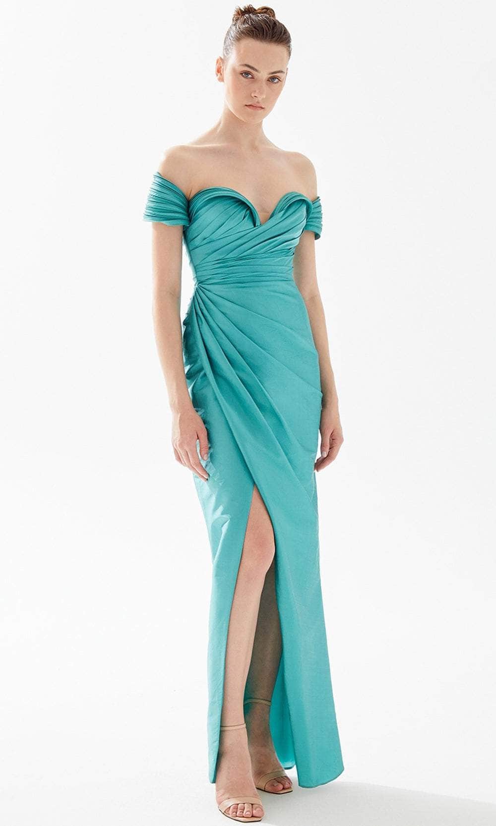 Tarik Ediz 98259 - Pleated Off-Shoulder Evening Dress Prom Dresses 00 / Nile Green