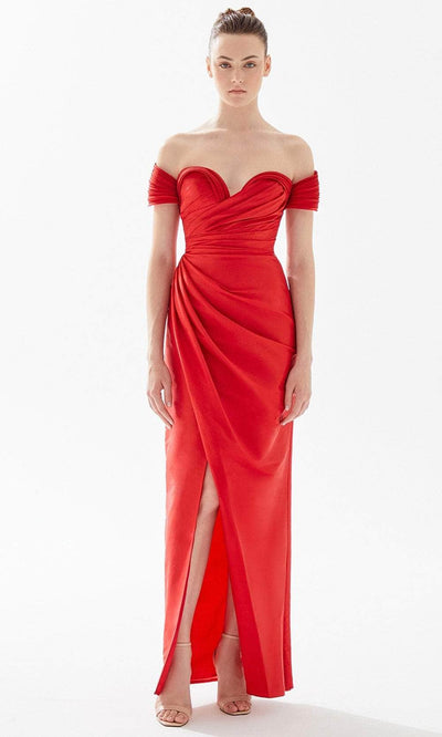 Tarik Ediz 98259 - Pleated Off-Shoulder Evening Dress Prom Dresses 00 / Red