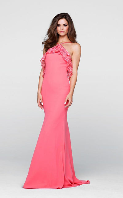 Tarik Ediz - Beaded Halter Neck Dress 50059 Special Occasion Dress 0 / Coral