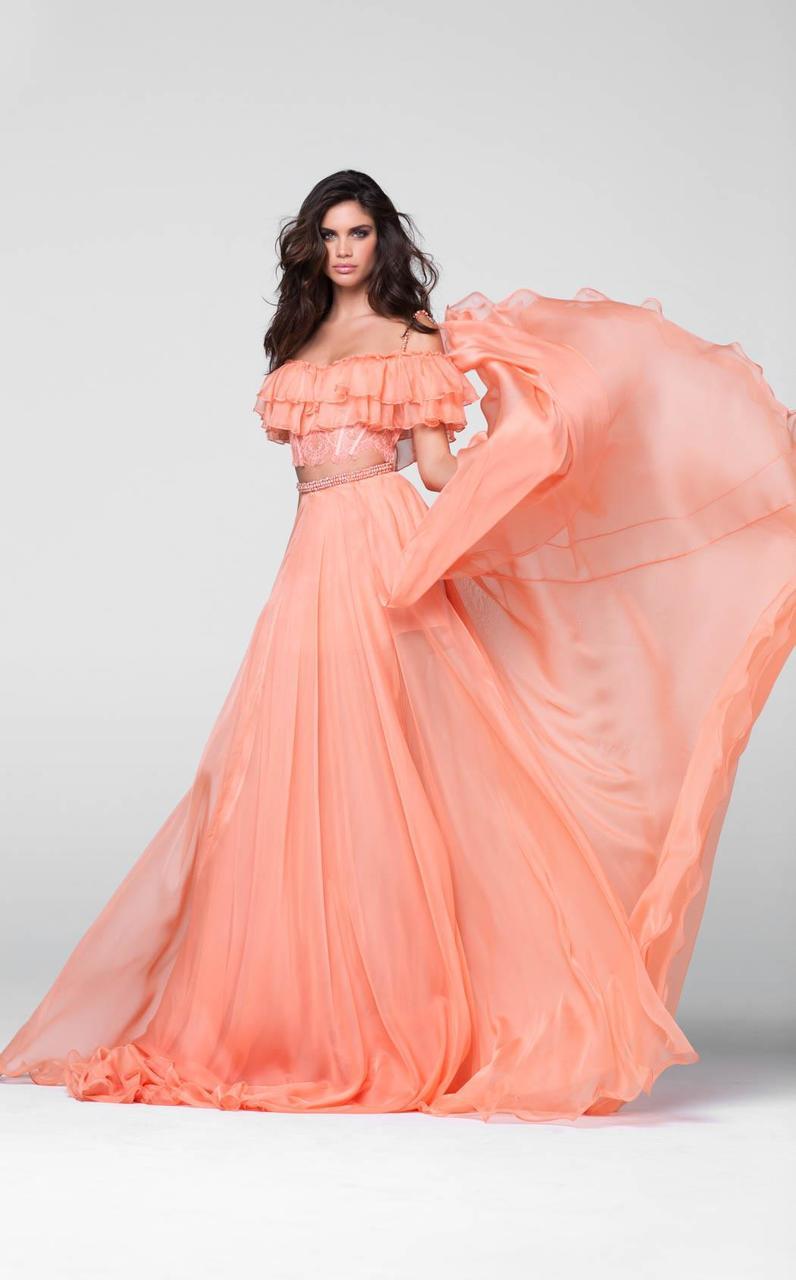 Tarik Ediz - Beaded Off The Shoulder A-line Dress 50064 Special Occasion Dress 0 / Peach Nectar