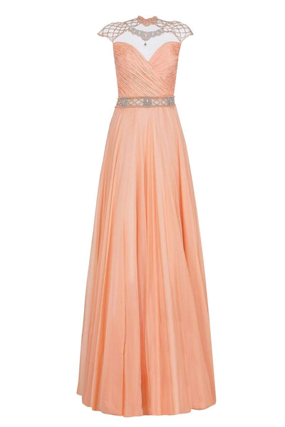 Tarik Ediz - Bejeweled Illusion Bateau Neck Dress 50094 Special Occasion Dress 0 / Peach Nectar