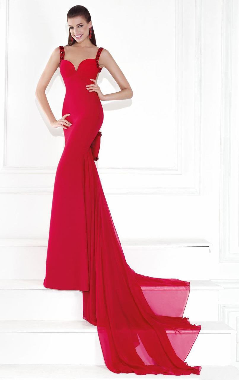 Tarik Ediz Bow Accented Panel Gown 92504 - 1 pc Red In Size 2 Available CCSALE 2 / Red