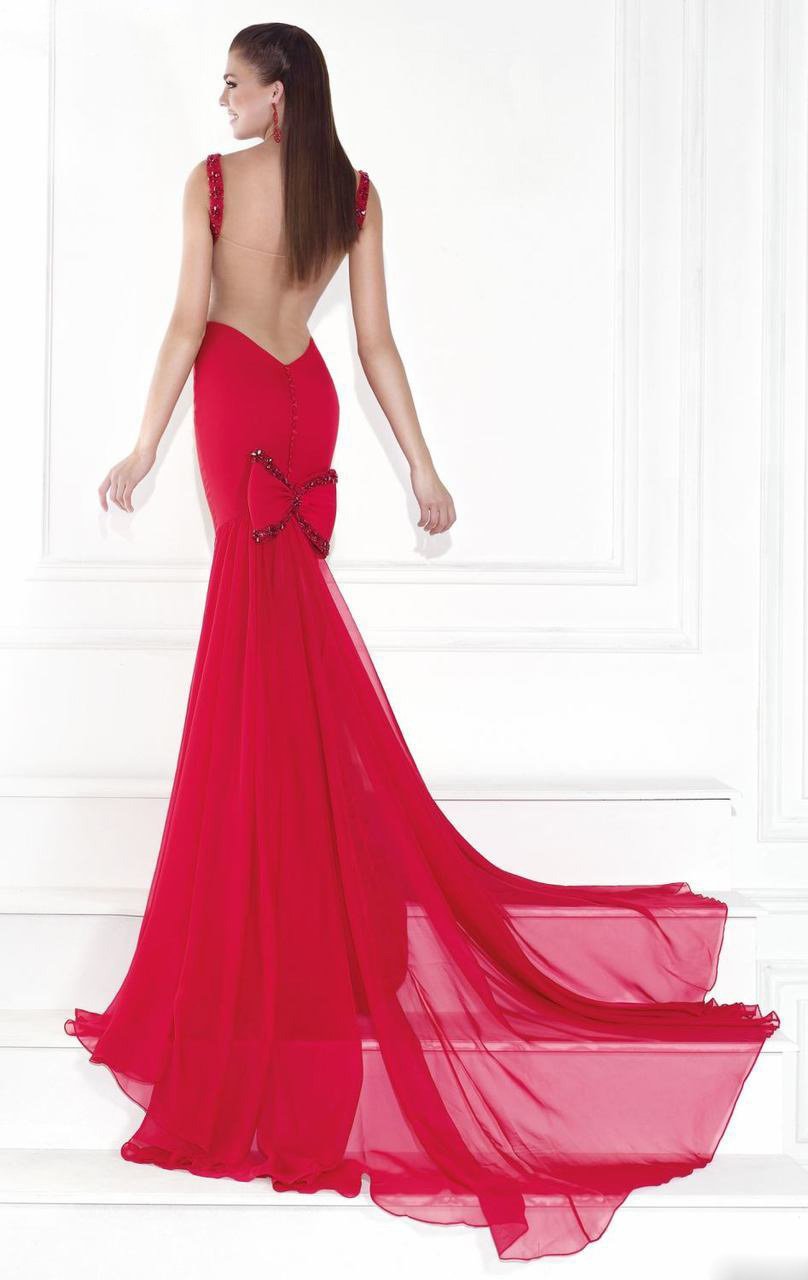 Tarik Ediz Bow Accented Panel Gown 92504 - 1 pc Red In Size 2 Available CCSALE 2 / Red
