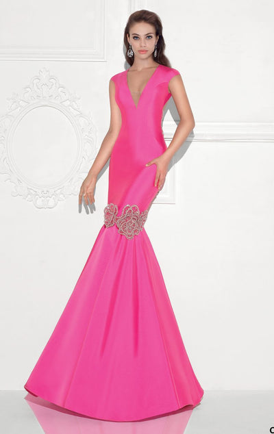 Tarik Ediz Cap Sleeved Deep V-Neck Mermaid Gown 92729 - 1 pc Fuchsia in Size 8 Available CCSALE 8 / Fuchsia