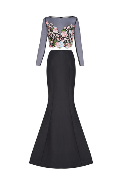 Tarik Ediz - Floral Accented Mermaid Dress 50004 Special Occasion Dress 0 / Black