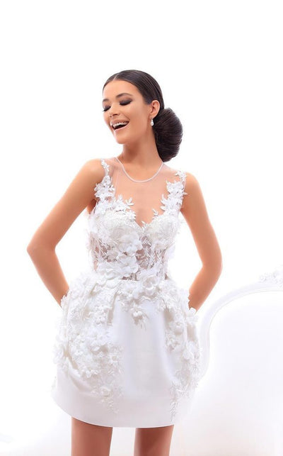 Tarik Ediz - Floral Applique Sheer Cocktail Dress 93476 - 1 pc Ivory In Size 6 Available CCSALE 6 / Ivory