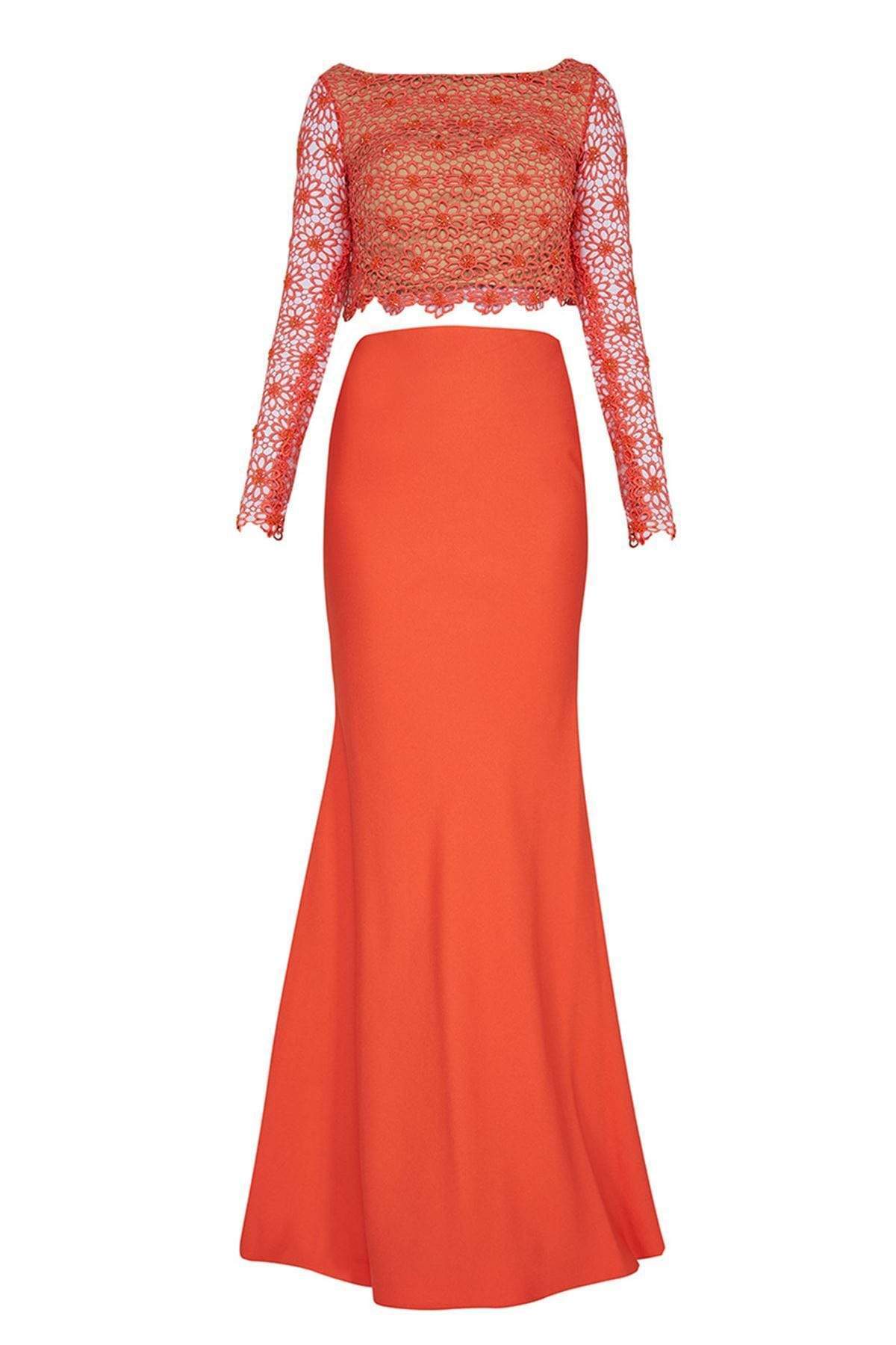 Tarik Ediz - Floral Long Sleeve Gown 92535 Special Occasion Dress 0 / Orange