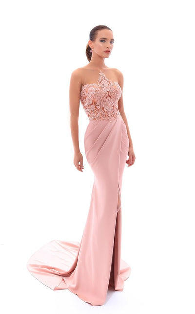 Tarik Ediz Illusion Beaded Floral Lace High Slit Gown 93408 CCSALE 4 / Dusty Rose