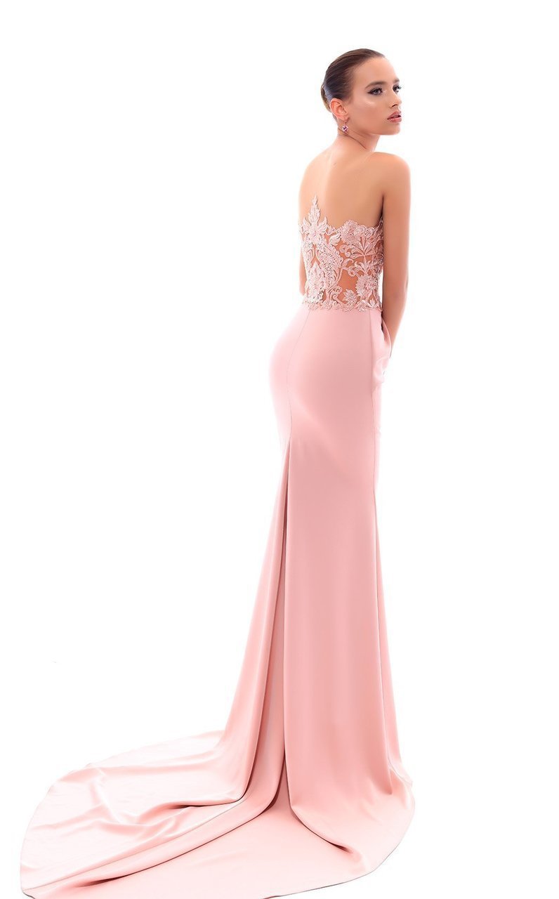Tarik Ediz Illusion Beaded Floral Lace High Slit Gown 93408 CCSALE 4 / Dusty Rose
