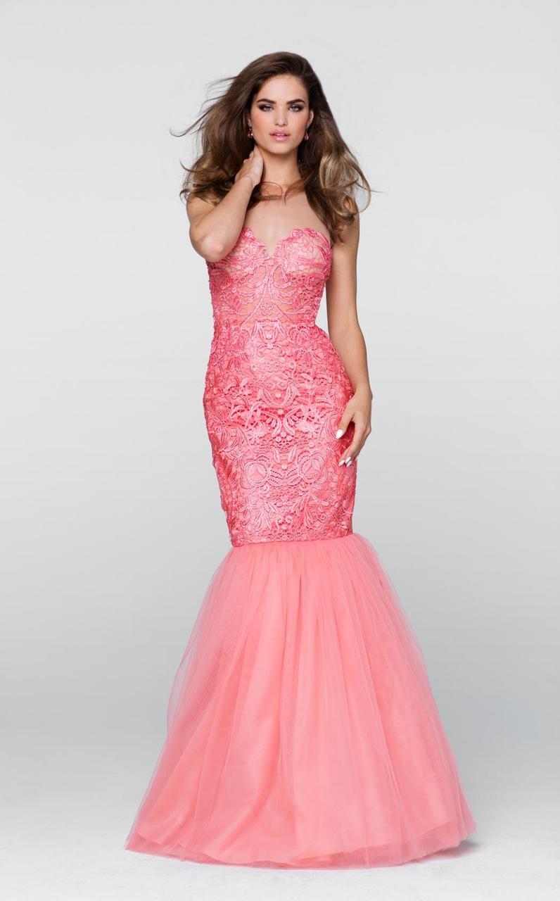 Tarik Ediz - Lace Illusion Neck Dress 50061 Special Occasion Dress 0 / Coral