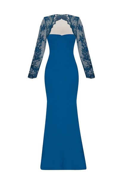 Tarik Ediz - Lace Sleeved Gown 92543 Special Occasion Dress 0 / New Oil Blue