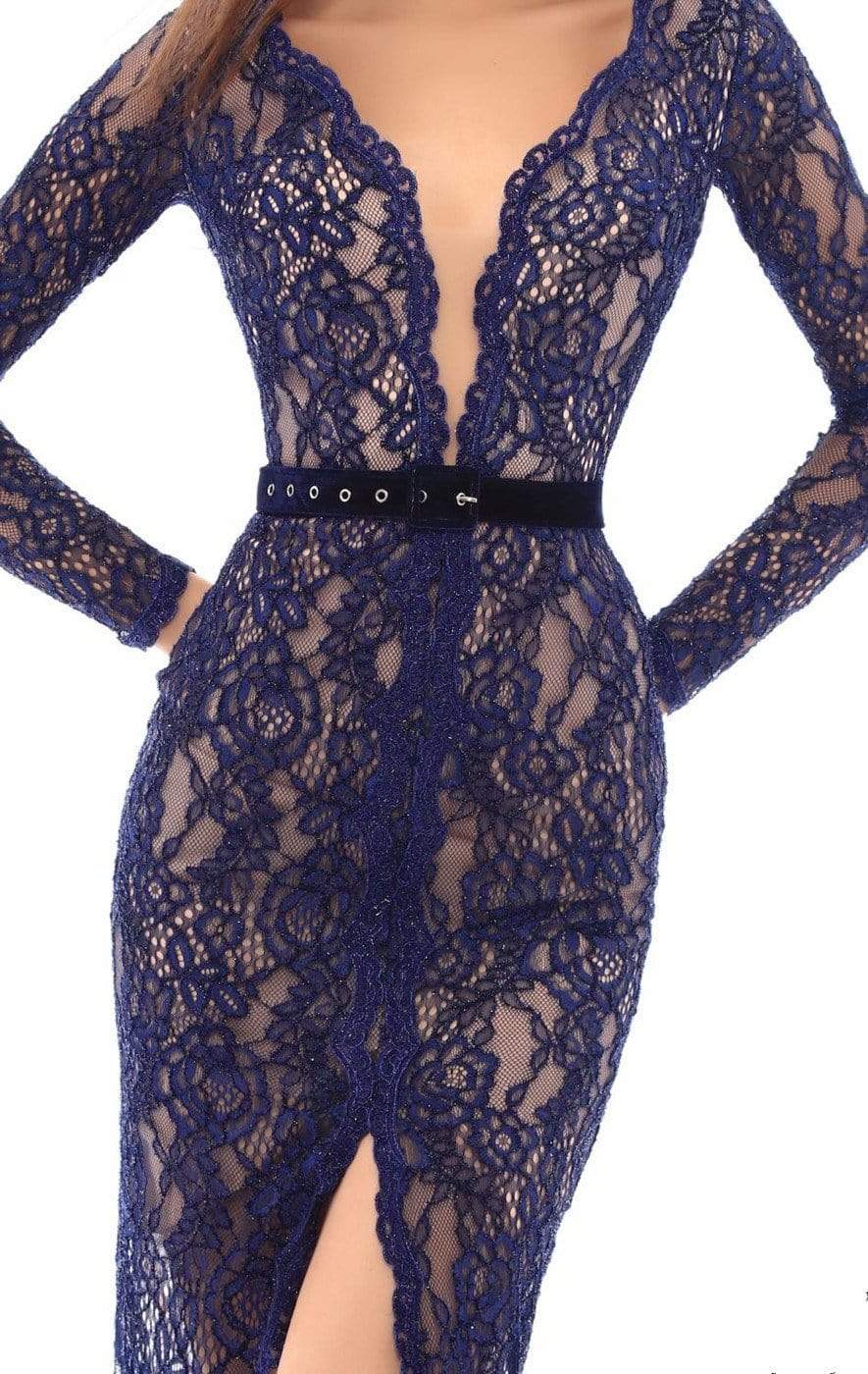Tarik Ediz Long Sleeve Illusion Lace Fitted Gown 93609 - 1 pc Navy In Size 10 Available CCSALE 10 / Navy