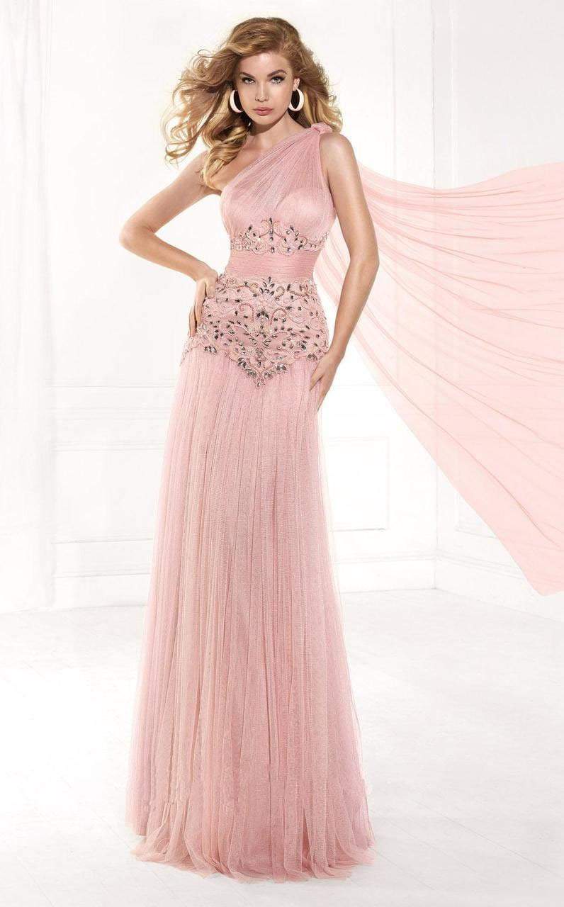 Tarik Ediz - mte92384 Asymmetrical Ruched Illusion Sash Gown Special Occasion Dress 0 / Salmon