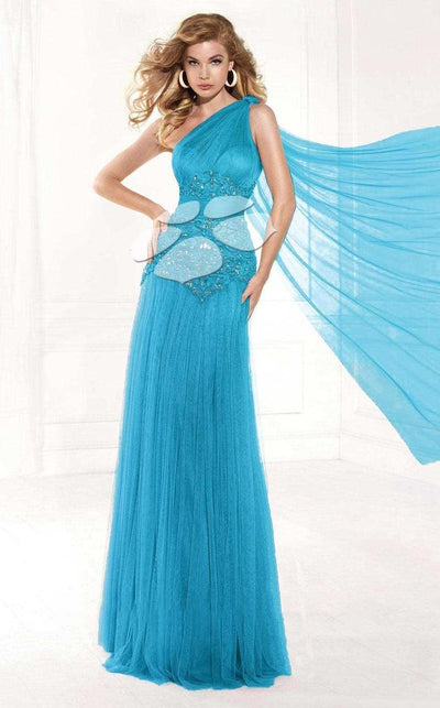 Tarik Ediz - mte92384 Asymmetrical Ruched Illusion Sash Gown Special Occasion Dress 0 / Turquoise