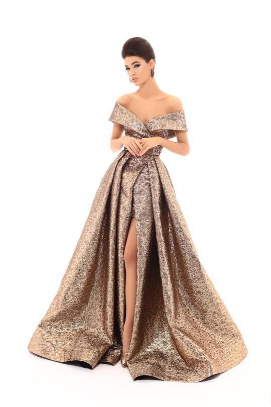 Tarik Ediz - Off-Shoulder Jacquard Sheath Gown With Overskirt 93621 - 1 pc Gold In Size 14 Available CCSALE 10 / Gold