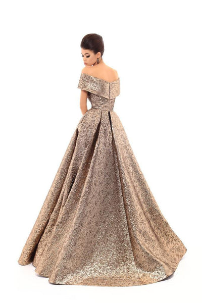 Tarik Ediz - Off-Shoulder Jacquard Sheath Gown With Overskirt 93621 - 1 pc Gold In Size 14 Available CCSALE