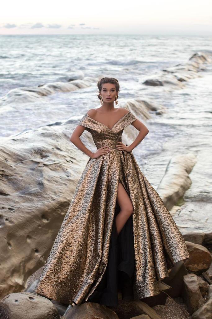 Tarik Ediz - Off-Shoulder Jacquard Sheath Gown With Overskirt 93621 - 1 pc Gold In Size 14 Available CCSALE