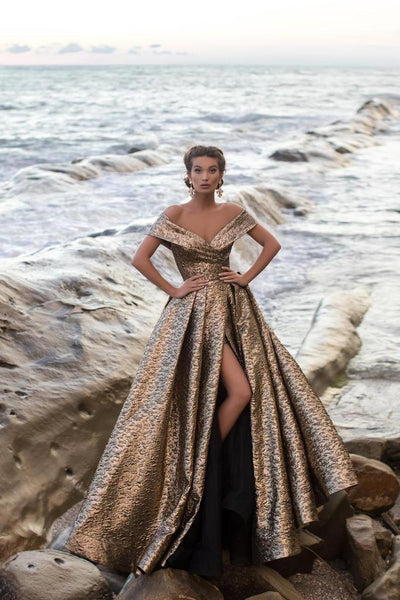 Tarik Ediz - Off-Shoulder Jacquard Sheath Gown With Overskirt 93621 - 1 pc Gold In Size 14 Available CCSALE