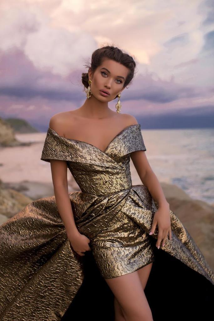 Tarik Ediz - Off-Shoulder Jacquard Sheath Gown With Overskirt 93621 - 1 pc Gold In Size 14 Available CCSALE