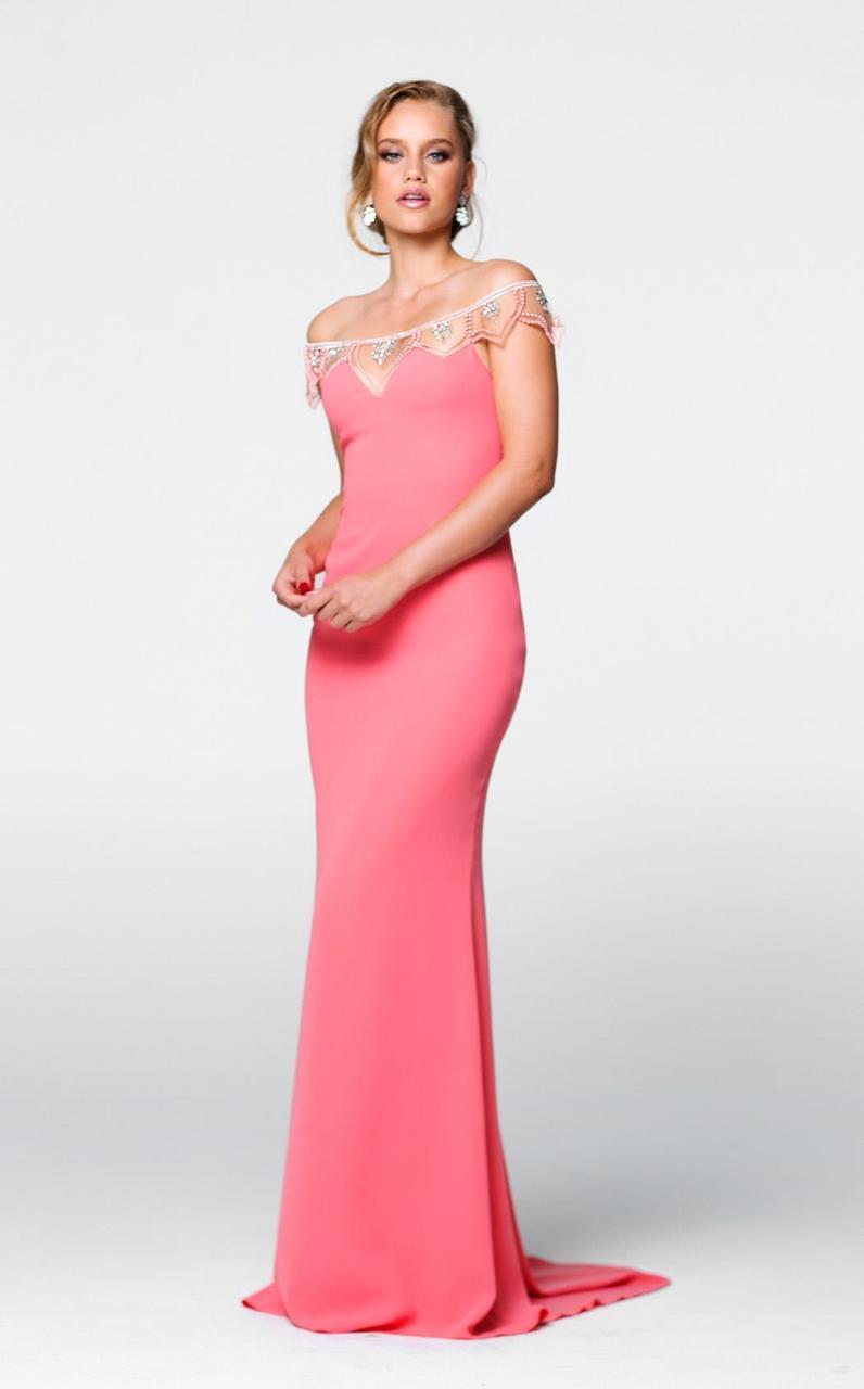 Tarik Ediz - Off The Shoulder Sheath Dress 50057 Special Occasion Dress 0 / Coral
