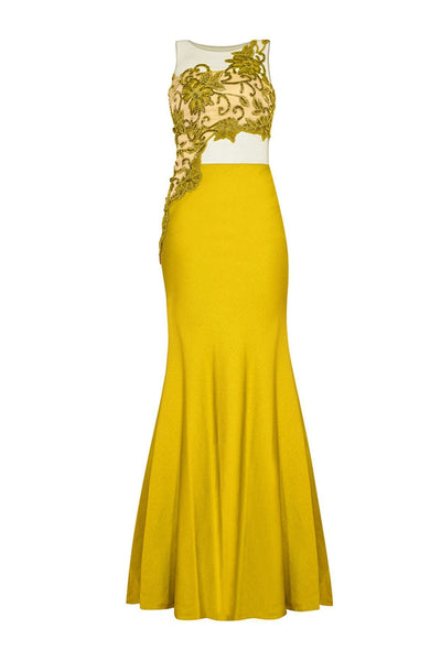 Tarik Ediz - One Shoulder Illusion Beaded Gown 92541 Special Occasion Dress 0 / Mustard