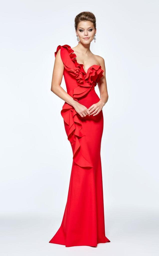 Tarik Ediz One Shoulder Ruffled Sheath Evening Gown 93110 CCSALE 6 / Black