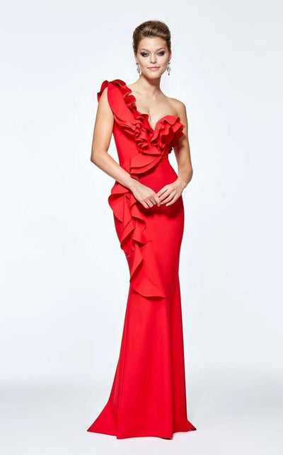 Tarik Ediz One Shoulder Ruffled Sheath Evening Gown 93110 CCSALE 6 / Black