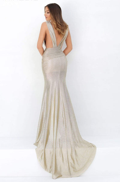 Tarik Ediz - Plunging V-Neck Ruched Dress with Slit 93922 - 1 pc Gold In Size 4 Available CCSALE 4 / Gold