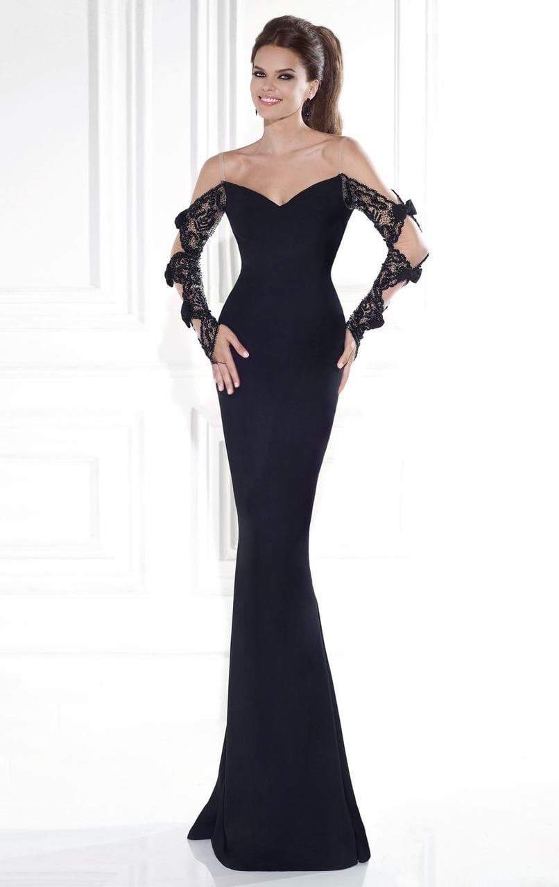 Tarik Ediz - Ribbon Accented Long Sleeve Off Shoulder Gown 92571 - 1 Pc. Pink in Size 6 Available CCSALE 6 / Pink