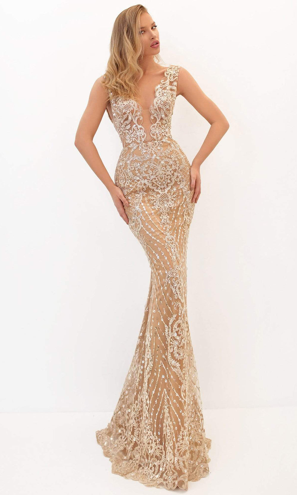 Tarik Ediz - Scalloped Plunging Bodice Embroidered Mermaid Gown 50648 - 1 pc Ivory In Size 6 Available CCSALE 6 / Gold