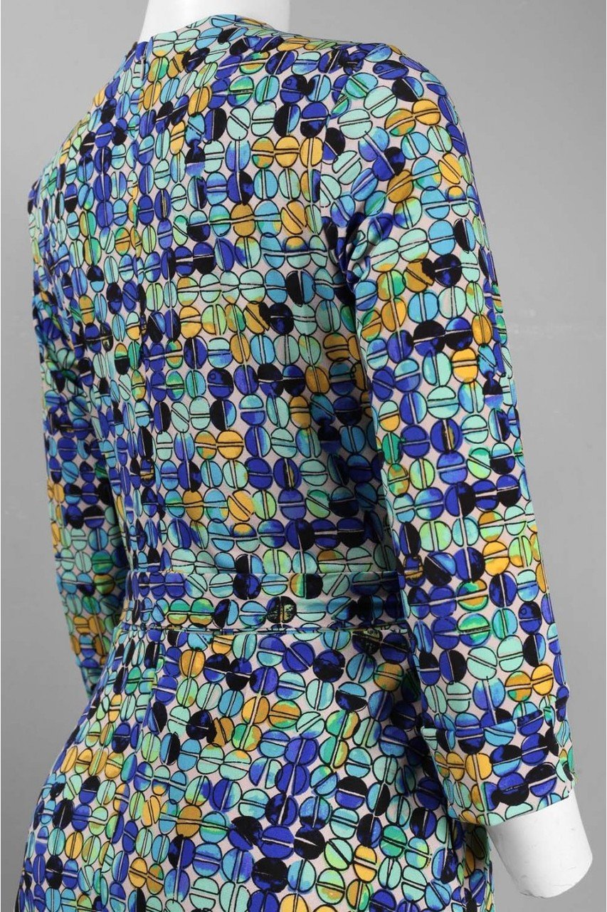 Taylor - Printed V-Neck Tie Waist Scuba Dress 5271M in Green