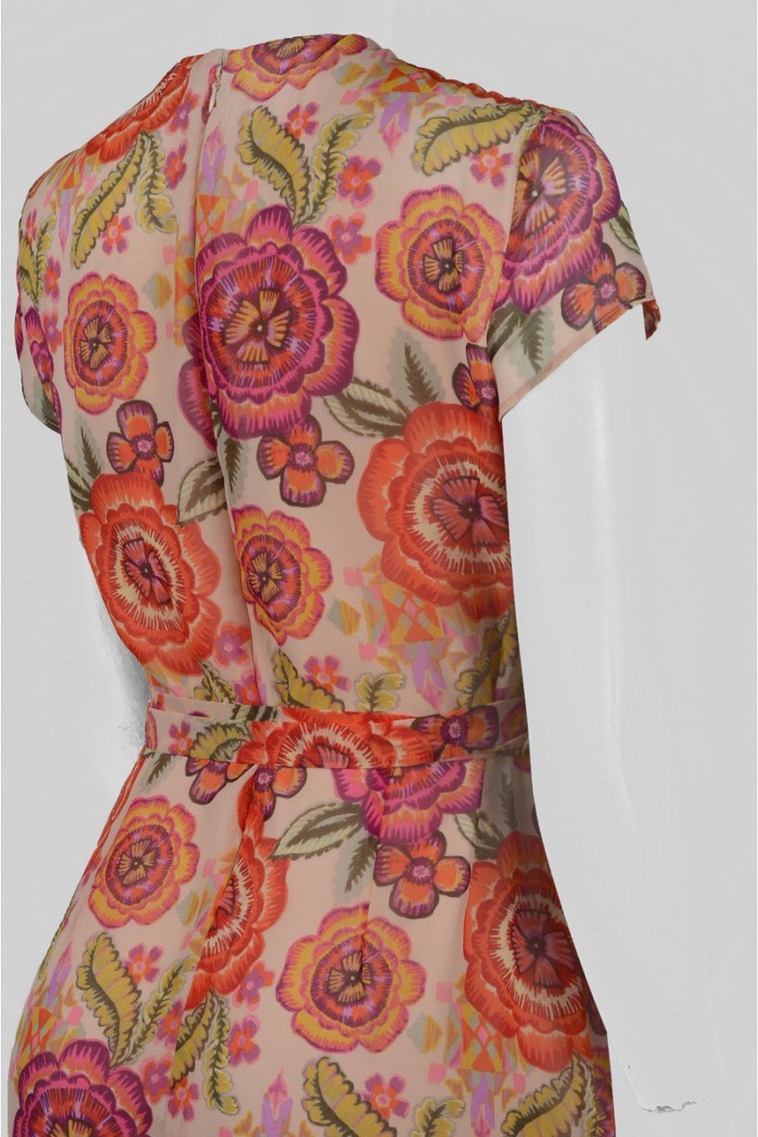 Taylor - 9044MJ Floral Print Faux Wrap Dress in Orange and Print