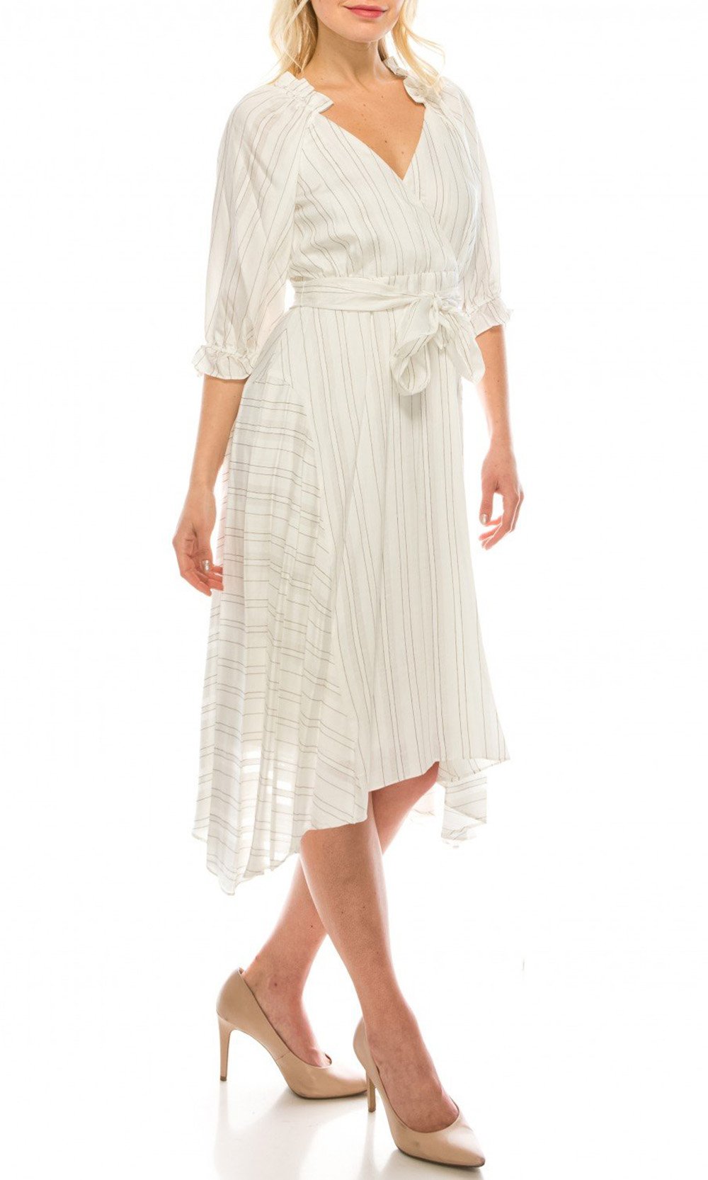Maison Tara - 91053M Tea Length Pinstripe Print A-Line Dress In White
