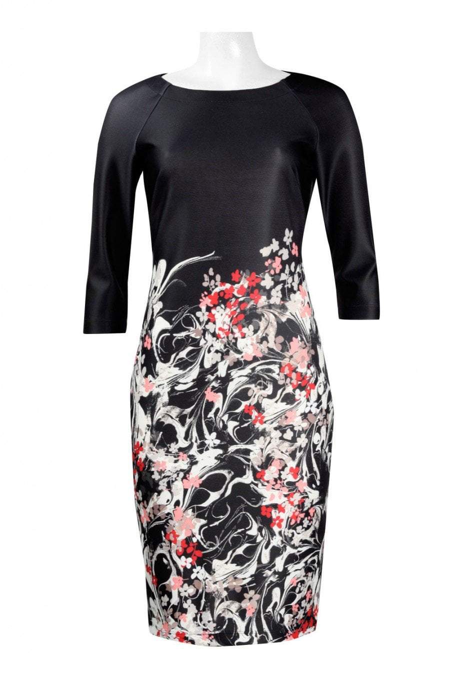 Taylor - 9344M Floral Print Bateau Scuba Sheath Dress In Black and Pink