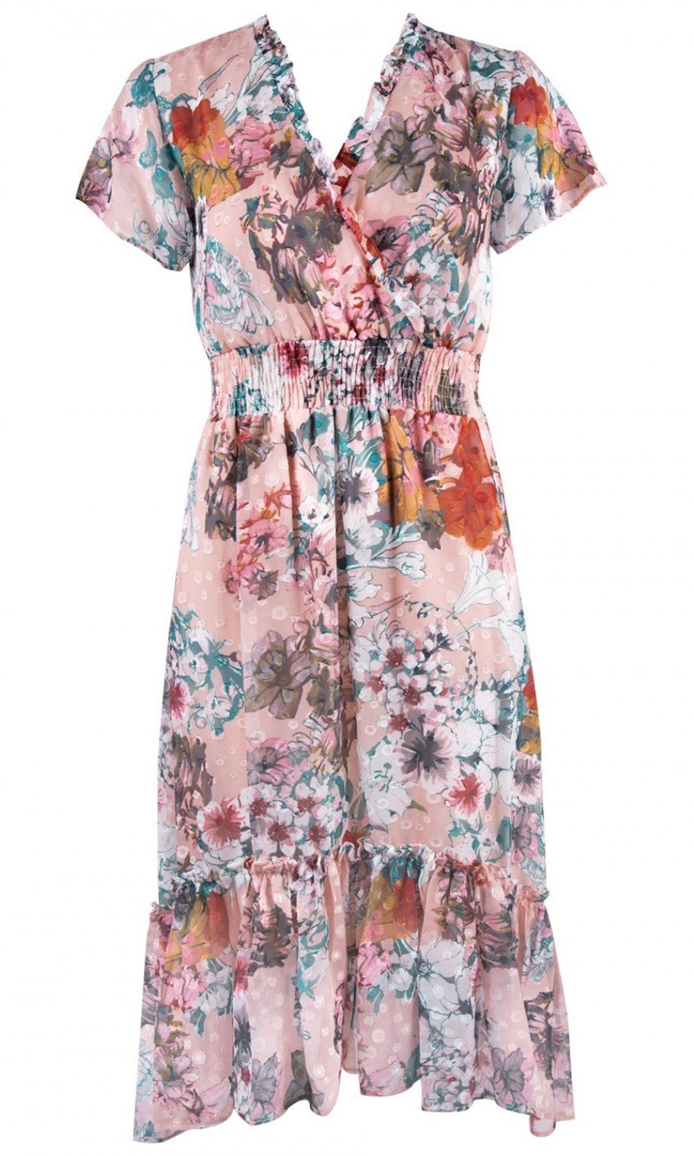 Gabby Skye - 18176M Smocked Waistband V Neck Floral Print Dress In Floral and Multi-Color