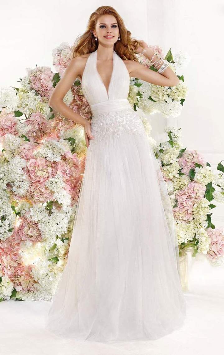 Tarik Ediz - 92346 Embellished Shirred Gown In White