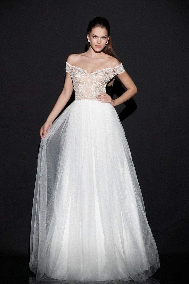 Tarik Ediz - Off-Shoulder Tulle Gown 92501 in White and Neutral