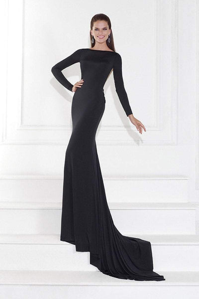 Tarik Ediz - Embellished Bateau Neck Long Sleeve Gown 92594 in Black
