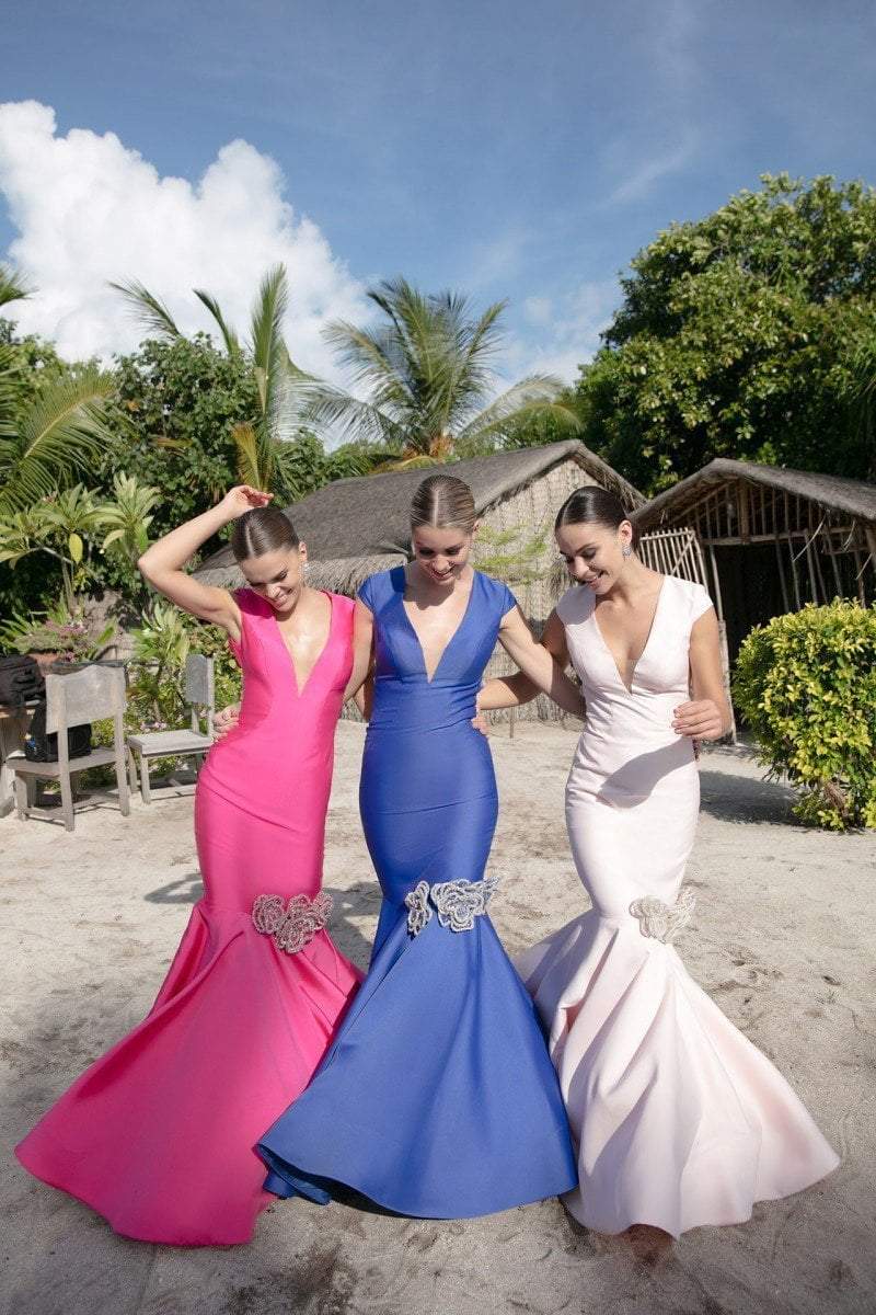 Tarik Ediz - Deep V-Neck Mermaid Gown 92729 in Pink and White