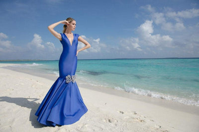 Tarik Ediz - Deep V-Neck Mermaid Gown 92729 in Blue