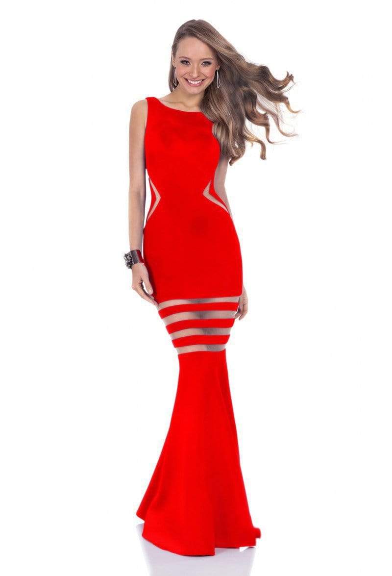 Terani Couture - 1611P0201A Striped Illusion Trumpet Evening Dress Special Occasion Dress 00 / Red