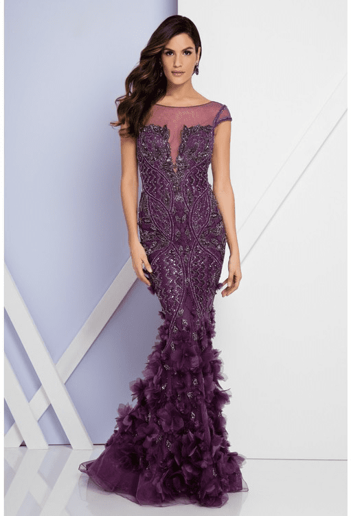 Terani Couture - 1721GL4421 Illusion Bateau Neck Trumpet Dress Special Occasion Dress 0 / Aubergine