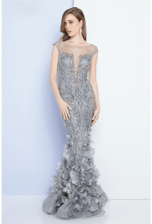 Terani Couture - 1721GL4421 Illusion Bateau Neck Trumpet Dress Special Occasion Dress 0 / Silver