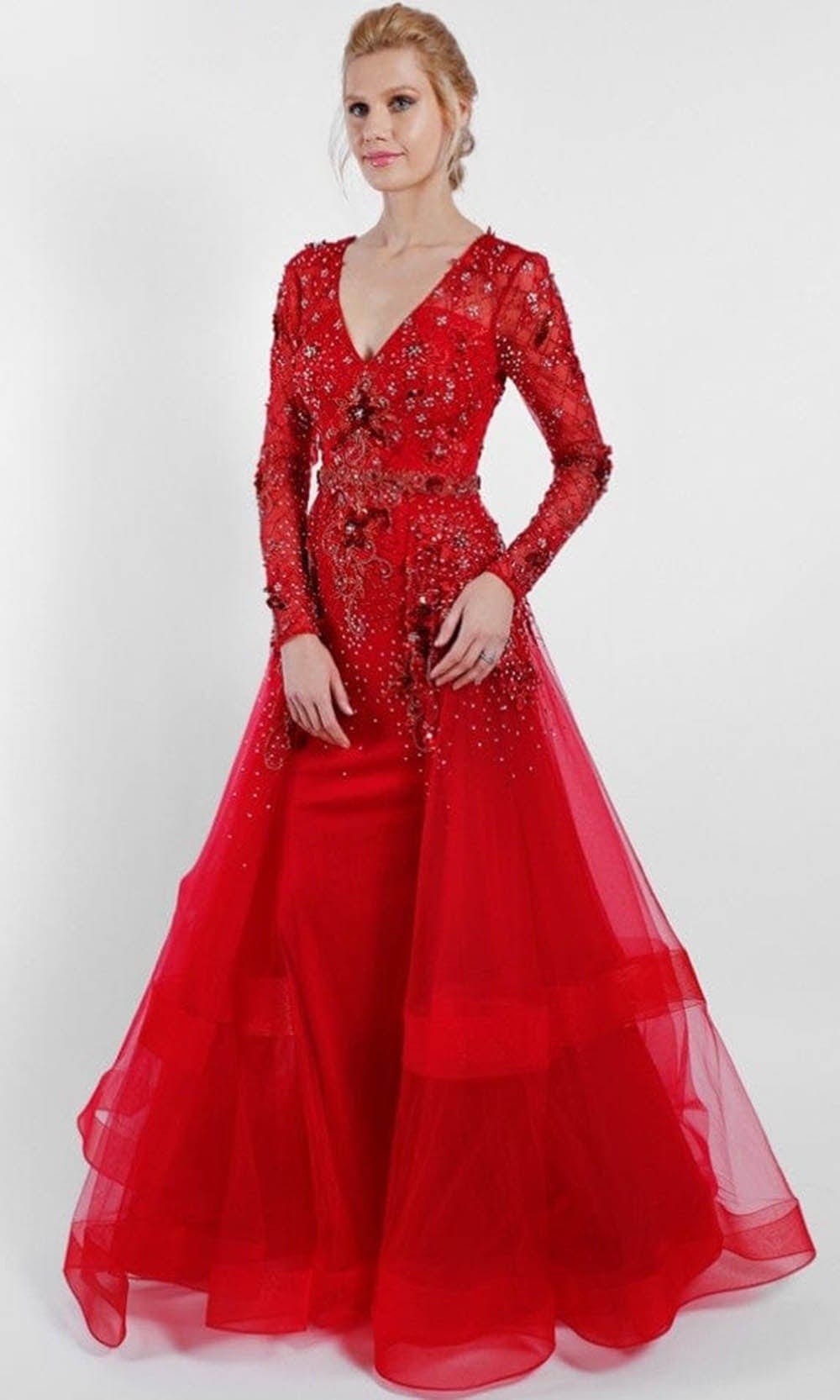 Terani Couture - 1722M4354 V-Neck Beaded Overskirt Gown Special Occasion Dress 00 / Red