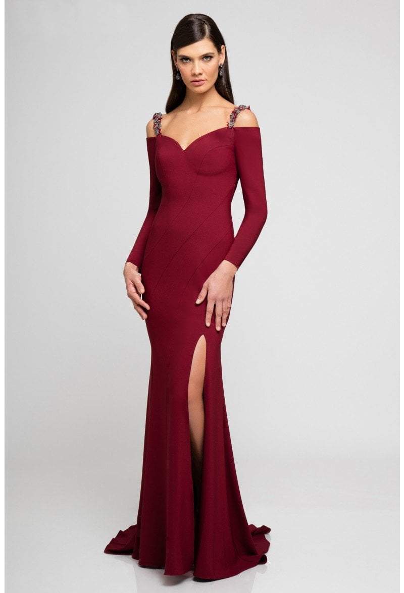 Terani Couture - 1723E4502 Cold Shoulder Long Sleeve Sheath Gown Special Occasion Dress 0 / Wine