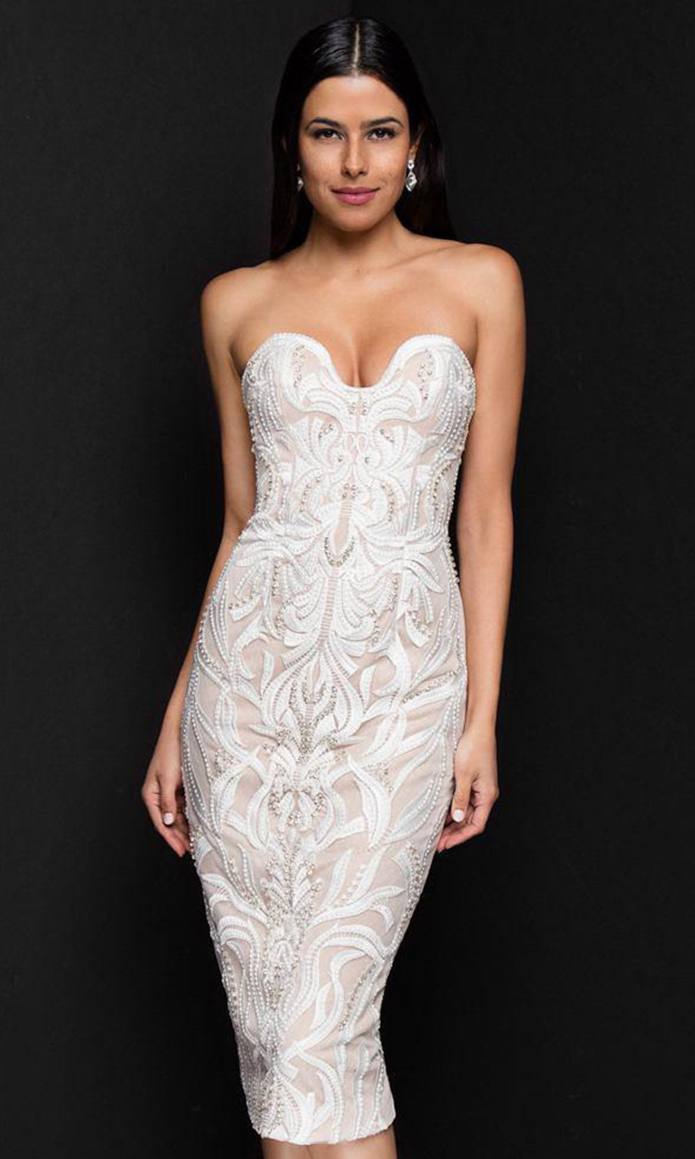 Terani Couture - 1811C6027SC Strapless Sweetheart Midi Sheath Dress In White
