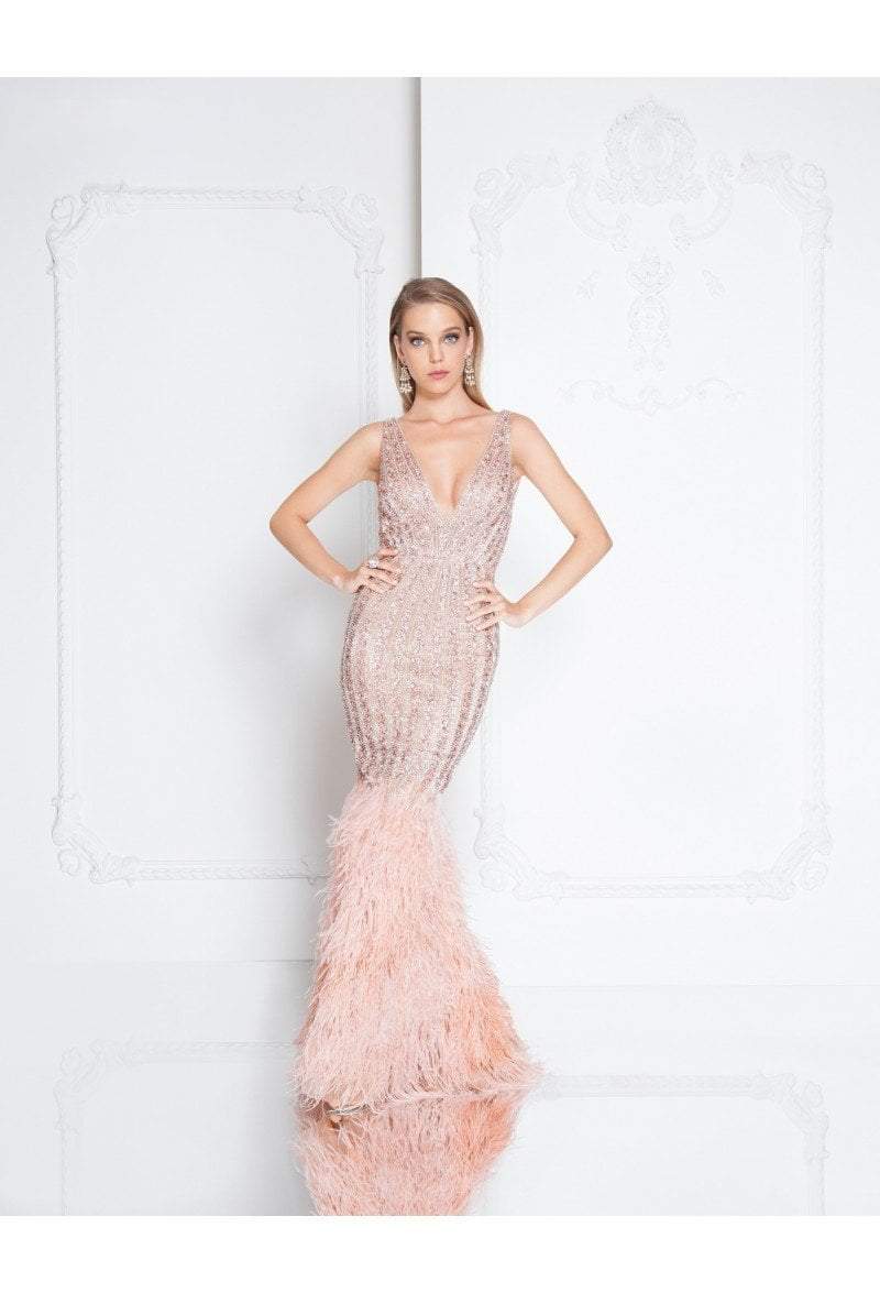Terani Couture - 1811GL6414 Embellished Deep V-neck Mermaid Dress Special Occasion Dress 00 / Blush Nude