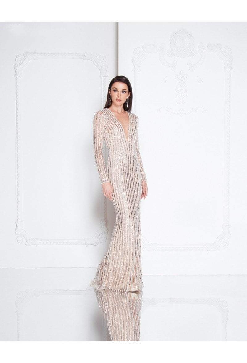 Terani Couture - 1811GL6436 Embellished Deep V-neck Sheath Dress Special Occasion Dress 00 / Crystal Nude