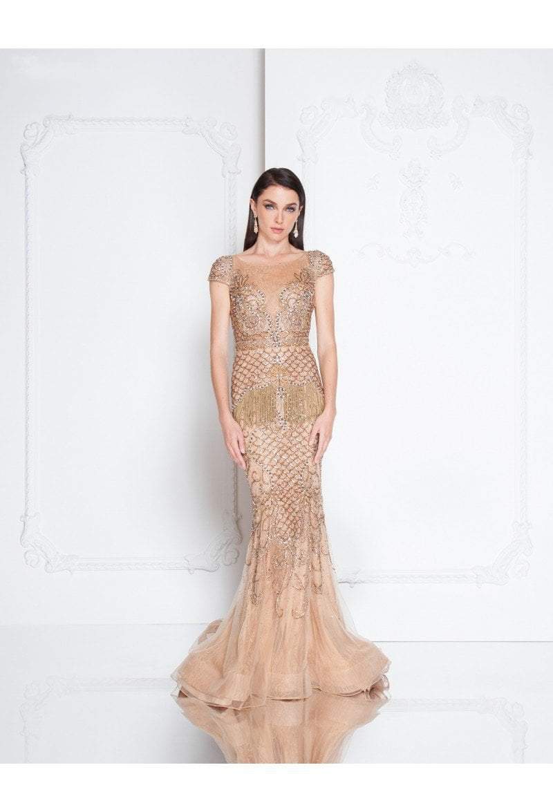 Terani Couture - 1811GL6452 Bedazzled Sheer Bateau Trumpet Dress Special Occasion Dress 00 / Copper